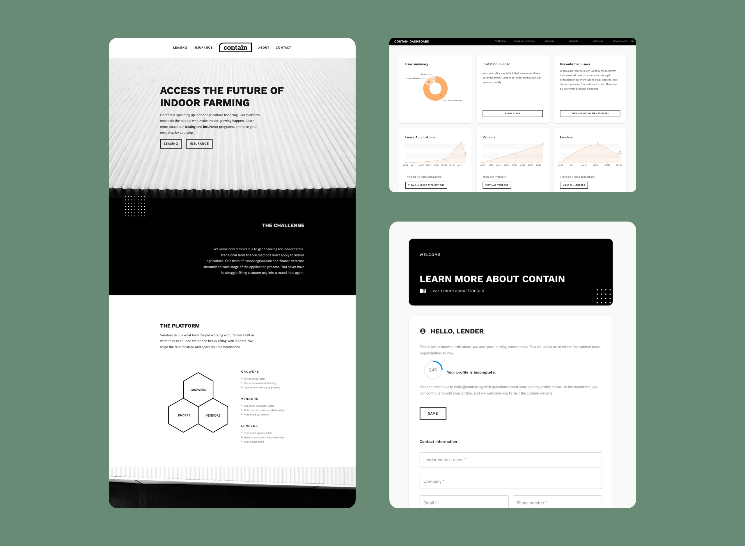 I built the Contain platform in 2019. The core Contain platform relies on a network of lenders who have registered profiles and grower profiles which are matched according to a matching algorithm. A grower signs up for the platform and is matched to appropriate lenders, greatly reducing the time to financing and improving the quality of the offers. 