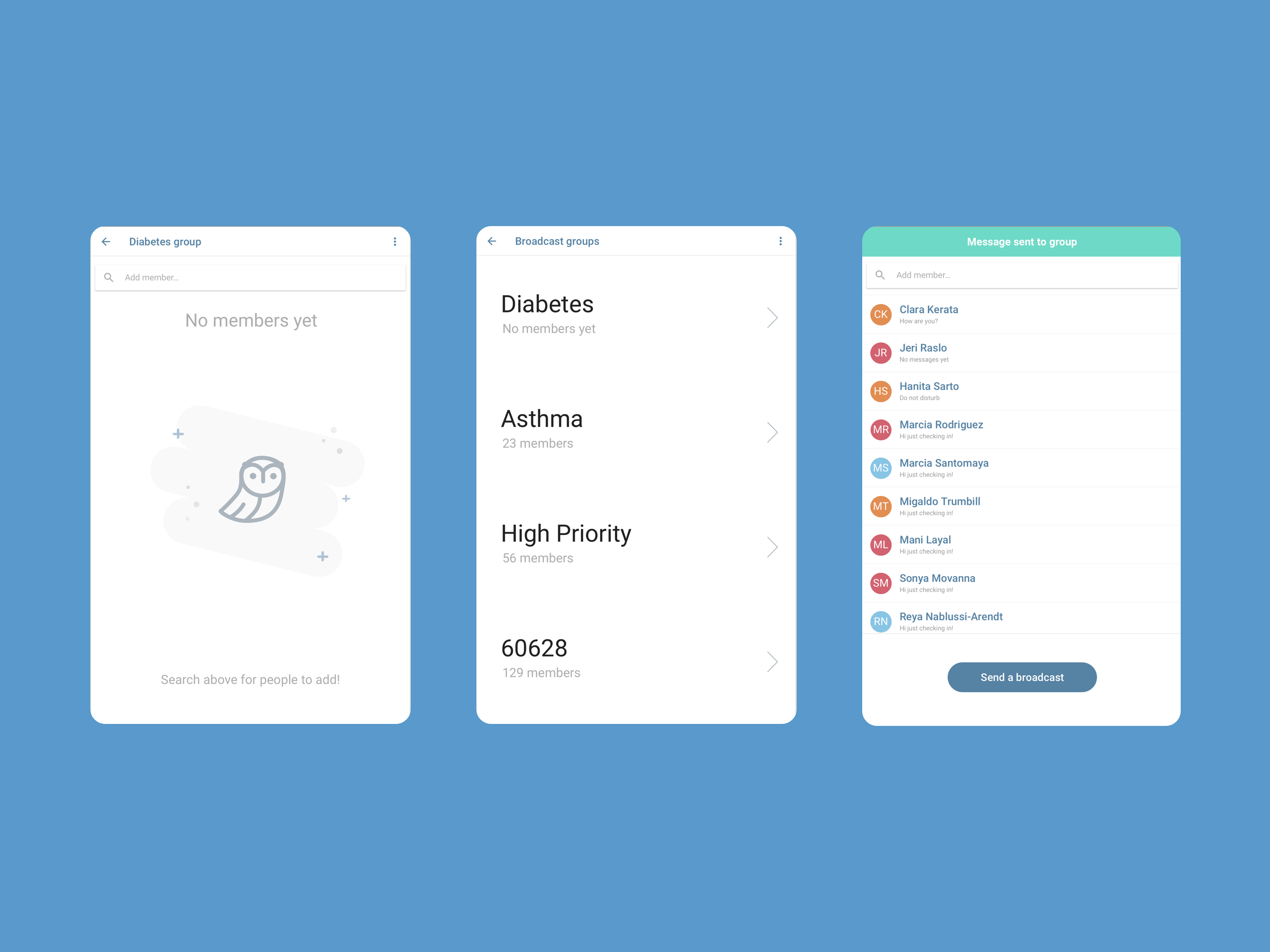 Screens from the Faer project showing the messenger UI, which was designed to work on a specific type of Android tablet that was provisioned to the health workers. The design goal was to create a tool that allowed group broadcasts with a message library of suggested outreach messages. We implemented it with React and the Twillio API.
